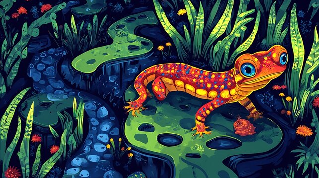 Colorful lizard in lush swampy landscape illustration