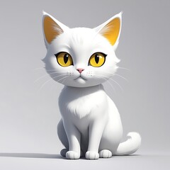 A full shot of a cartoonish, white kitten sits centered against a plain, light gray background.