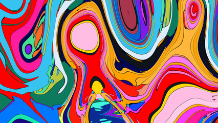 Close up of swirling vibrant colors creating an abstract fluid, and psychedelic pattern design effect