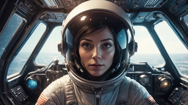 A focused astronaut in a spacesuit inside a spaceship cockpit with ocean view and starry sky outside