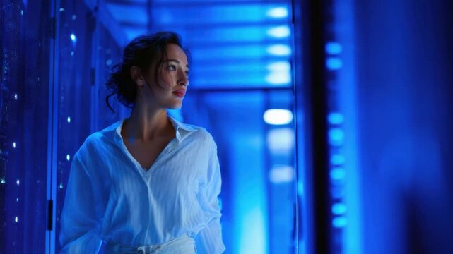 Data Center Professional: A focused woman stands within a modern, glowing data center, representing tech expertise and the future of digital infrastructure. 