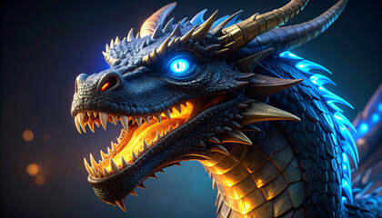 Close-up of a majestic blue dragon with glowing eyes and fiery breath, detailed scales.