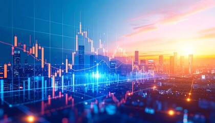 Financial analytics over urban landscape showcasing trading and investment trends