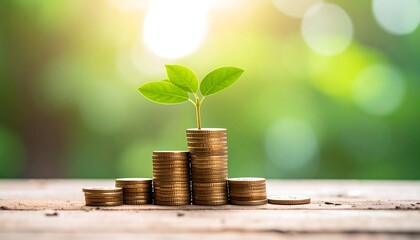 Green sprout growing from stack of gold coins symbolizing financial growth and investment.