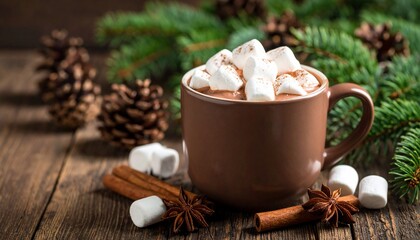 Aromatic Cocoa Delight with Marshmallows and Festive Holiday Decorations