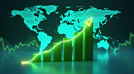 Green bar graph with a bright yellow arrow showing upward trend against a world map analysis bar chart