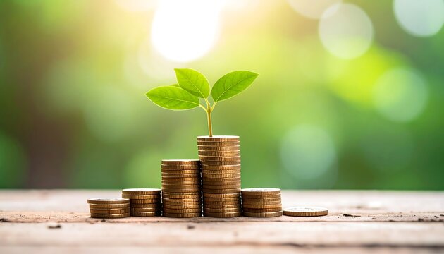Green sprout growing from stack of gold coins symbolizing financial growth and investment.