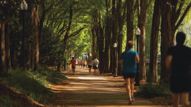 People jogging on tree-lined path with light posts, blurred focus