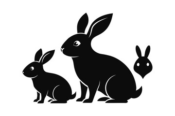 Three black silhouette rabbits on a white background