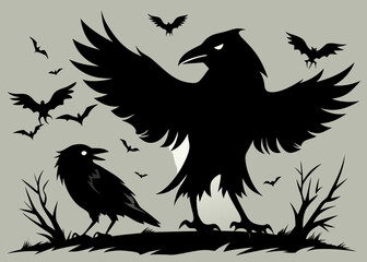 Two crows and bats in a spooky halloween scene