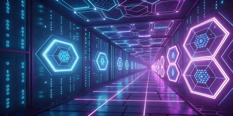Futuristic tunnel with neon lights and hexagonal shapes in a digital space