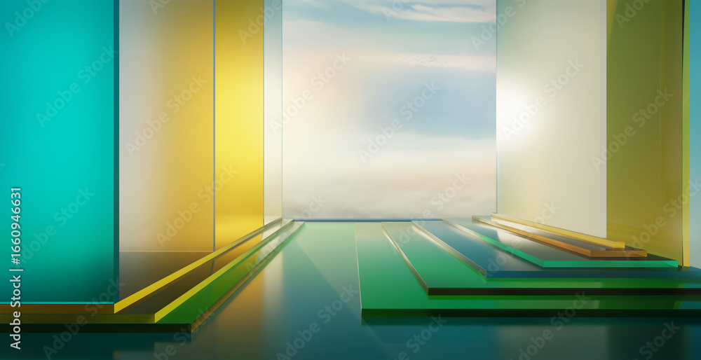 Aufkleber 3d rendering colorful glass panels creating modern architectural space with cloudy sky view