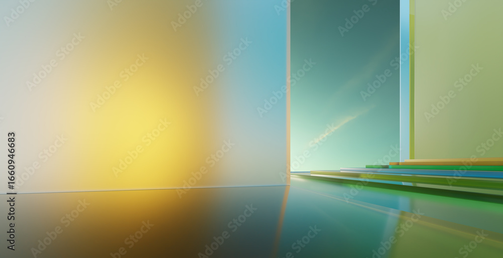 Poster 3d rendering abstract glass architecture reflecting vibrant colors in modern space