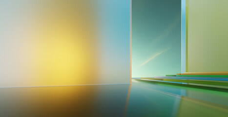 3d rendering abstract glass architecture reflecting vibrant colors in modern space