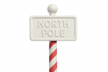 Christmas north pole signpost featuring candy cane pole, white background, 3d rendering, festive holiday design element