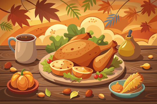 A festive thanksgiving dinner spread with roasted turkey and autumn decorations