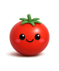 Cute cartoon red tomato with smiling face, big eyes and green stem on transparent background.