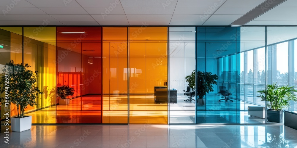 Poster a modern office space features a series of colorful glass partitions creating distinct zones within 
