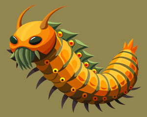 Stylized orange caterpillar creature with green spikes and many legs