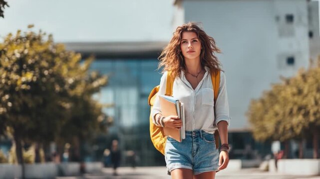Smart young woman in a college setting: A focused young woman confidently strides through a college campus, a backpack slung over her shoulder, a tablet and papers held.