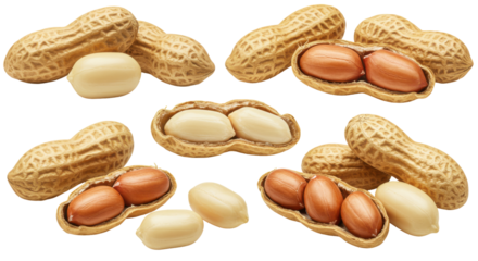 Assorted peanuts in shells and without showcasing textures and colors isolated on white background