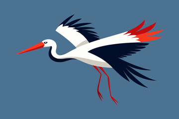 Stylized white stork in flight with red accents