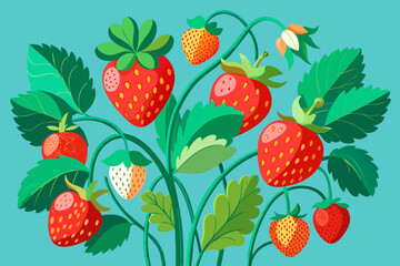 Vibrant strawberry patch with ripe and unripe fruit