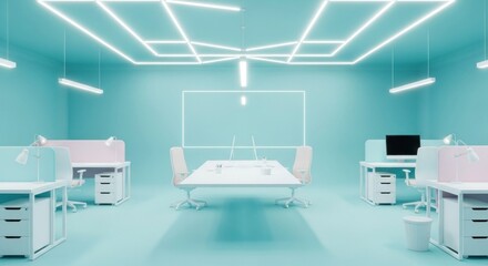 Stylish modern office space featuring minimalist desks under geometric lighting, ideal for creative startups and collaborative workspaces. A fresh, bright and trendy design