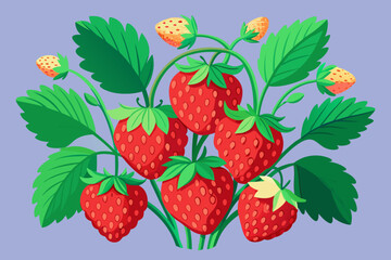 Vibrant illustration of ripe strawberries and green leaves on a light purple background