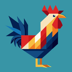 Geometric rooster illustration with vibrant colors on teal background