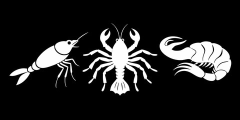 White silhouettes of shrimp and crayfish on black background