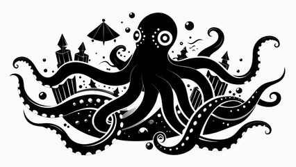 Stylized black octopus among abstract cityscape elements