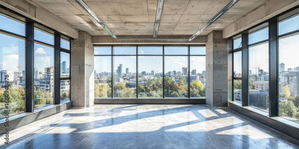 Aufkleber a large, empty office space with expansive floor-to-ceiling windows offering a panoramic view of a c