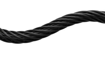 Close up of a twisted black rope showcasing its texture and strength isolated on white background