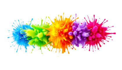 Vibrant Splatter Rainbow Explosive Paint Blasts on Transparent Backdrop
