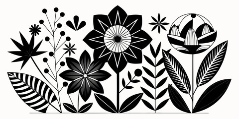 Abstract black and white floral design with geometric elements
