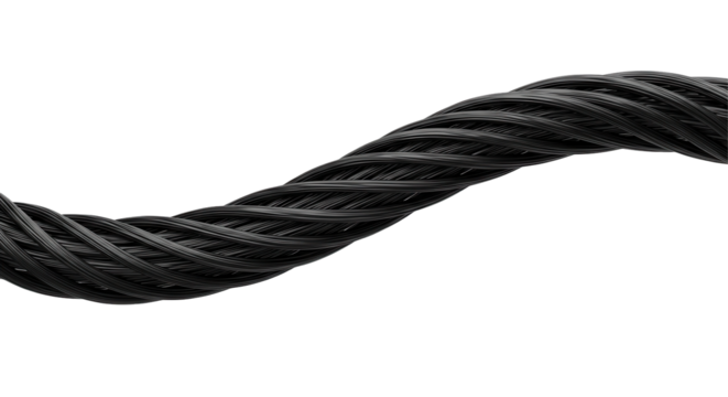 Close up of a twisted black rope showcasing its texture and strength isolated on white background