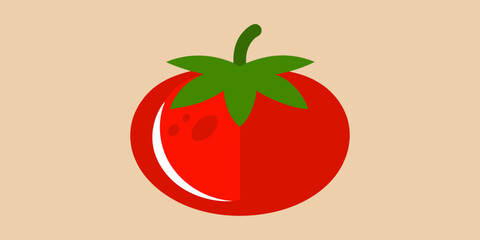 Simple red tomato with green stem and leaves on a light background