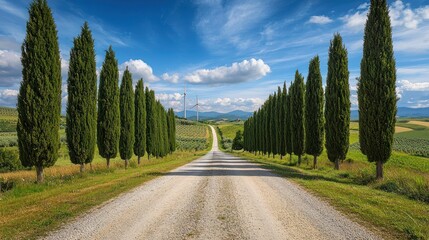 A winding gravel road stretches into the distance, flanked by a row of tall, slender cypress trees. The road leads through a lush green landscape, with fields of farmland visible in the background. 