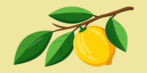 A single ripe lemon hangs from a leafy branch against a pale yellow background
