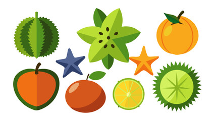 Assortment of colorful tropical fruits and star shapes on a white background