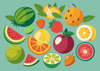 Vibrant assortment of fresh fruits on a teal background