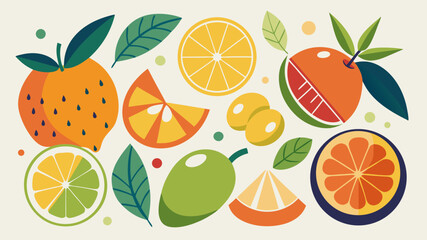 Vibrant assortment of citrus fruits and leaves in flat design
