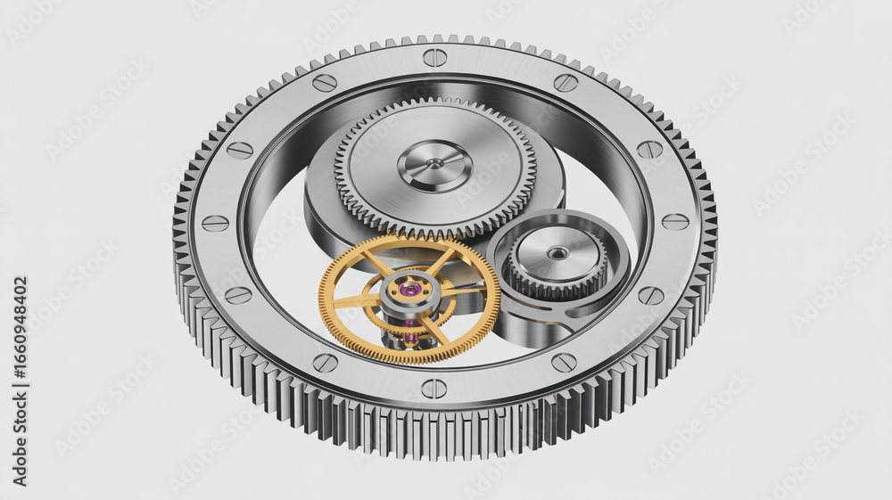 Poster intricate gears and cogs meshing together in a complex mechanism, isolated on white background, show