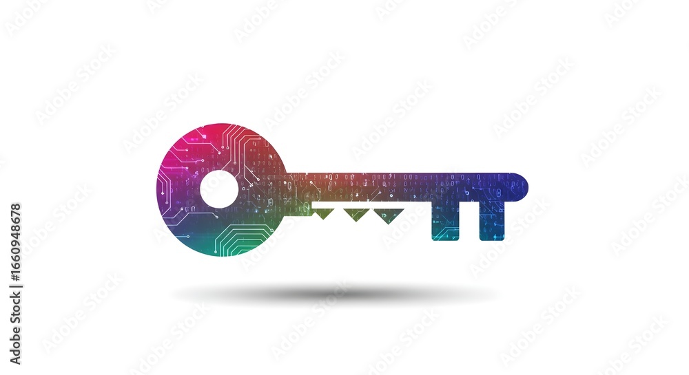 Poster colorful technology key on white background | geometric design for data security, access solutions, 
