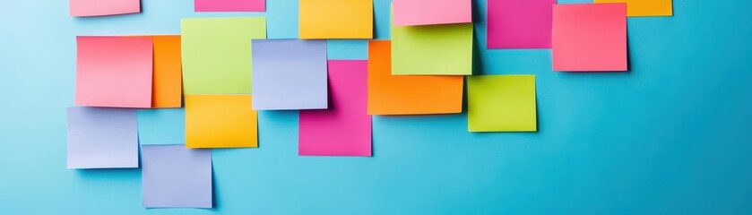 Fototapeta premium Colorful sticky notes scattered on a vibrant blue background creating a lively and creative workspace with various pastel shades and overlapping arrangements