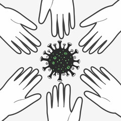 Hands reaching out to a coronavirus particle symbolizing protection and awareness against the virus