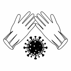 Obraz premium Protective gloves shielding against a stylized coronavirus particle symbolizing safety