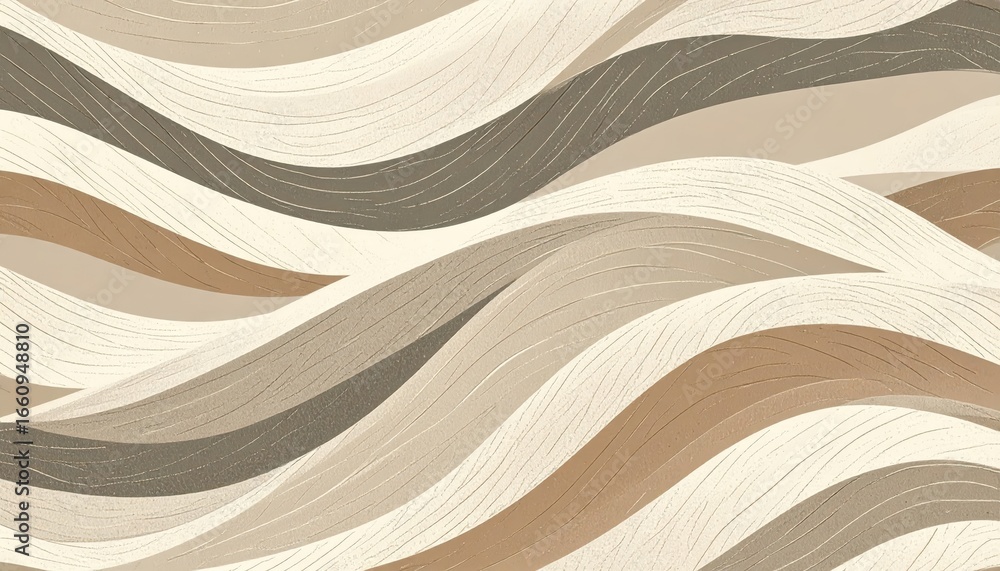 Aufkleber Abstract flowing wave pattern with smooth curved lines in neutral beige, taupe, and cream tones creating a calming and elegant textured background design