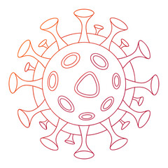 Stylized outline illustration of a coronavirus particle with a gradient of red and orange colors on a white background